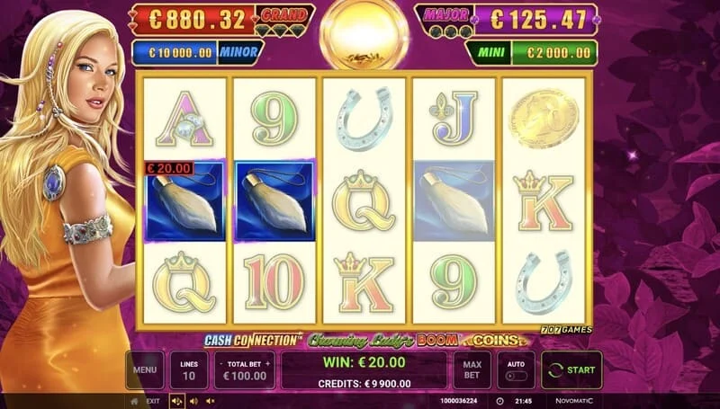 Cash Connection - Charming Lady's Boom Coins - ძირითადი ეკრანი ხაზის მოგებით