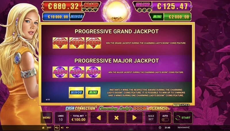 Cash Connection - Charming Lady's Boom Coins - ჯეკპოტების ცხრილი Mini, Minor, Major და Grand
